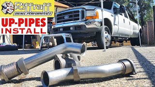 2001 F350 73  RiffRaff UpPipes Install  Stock up pipes leaking and falling apart JUNK SP [upl. by Renee691]